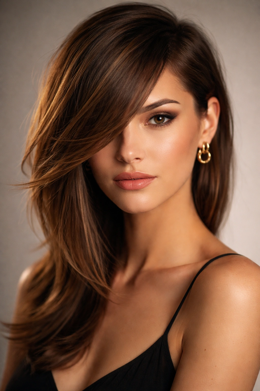 Editorial portrait of a person with asymmetrical side swept bangs