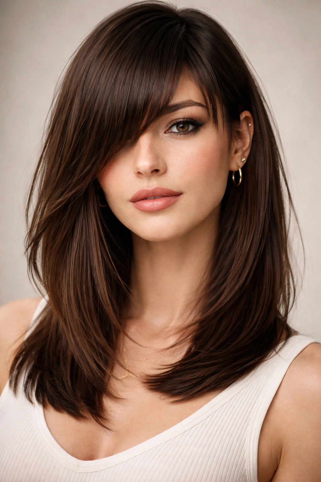 Close-up of uneven bangs with one side longer