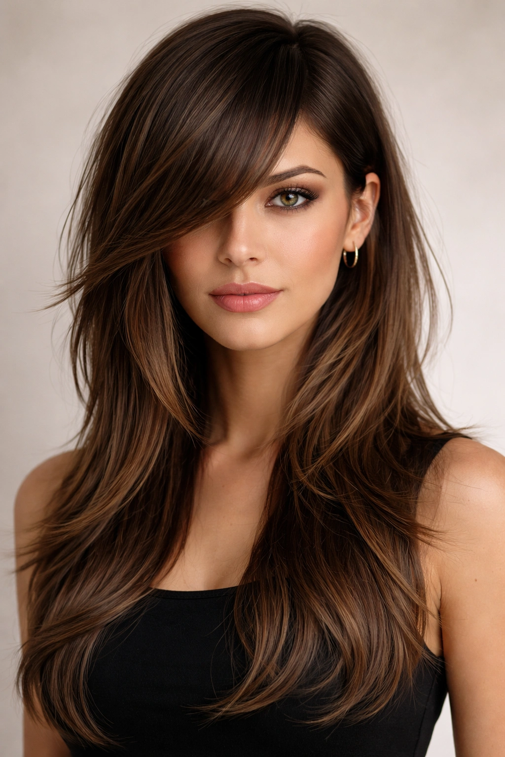 Long hair with dramatic asymmetrical bangs; one side near jaw, other above cheekbone