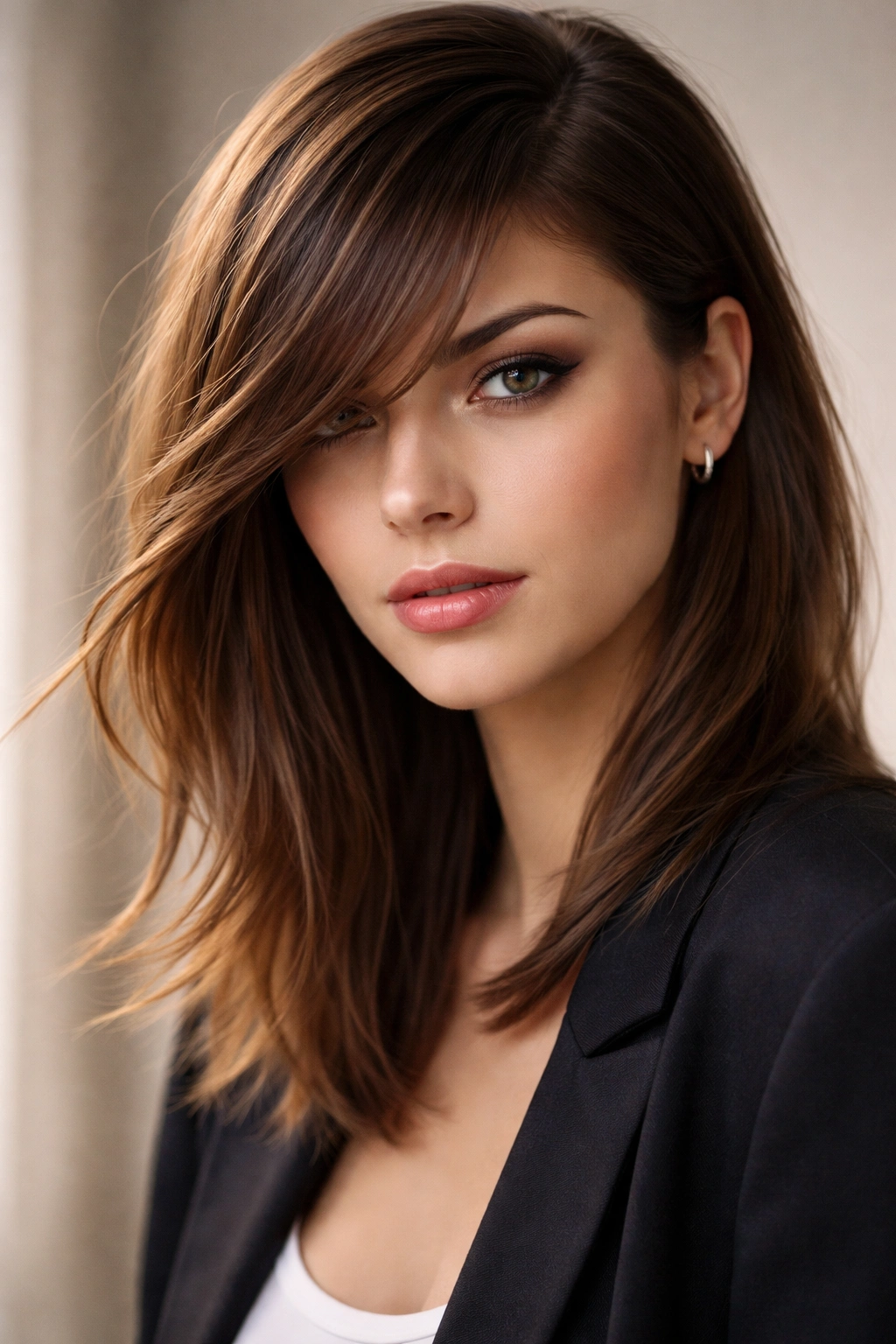 10 Face Framing Bang Styles With A Side Part 6 Portrait of a model with asymmetrical angled bangs and a side part emphasizing diagonal lines