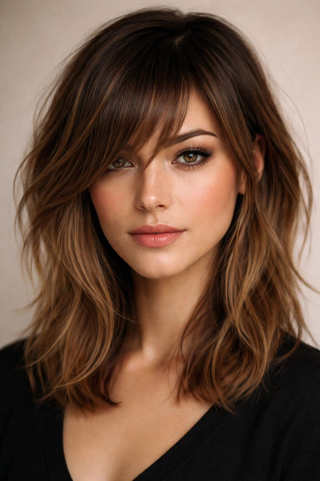 18 Bangs To Try With Medium Length Hair 8 Close-up of asymmetrical bangs with uneven lengths on medium-length hair