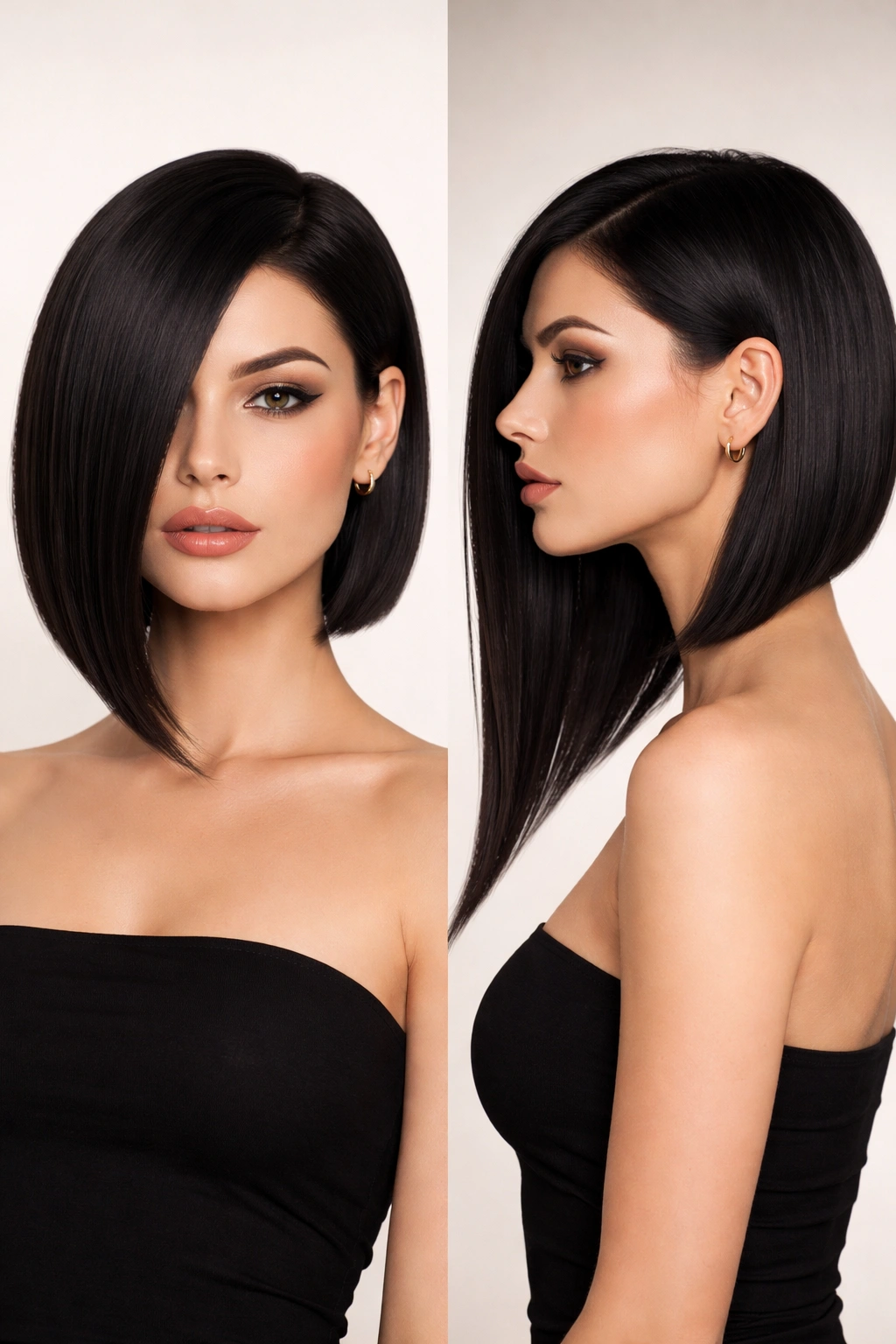 Blunt asymmetrical bob with one short side and one long side.