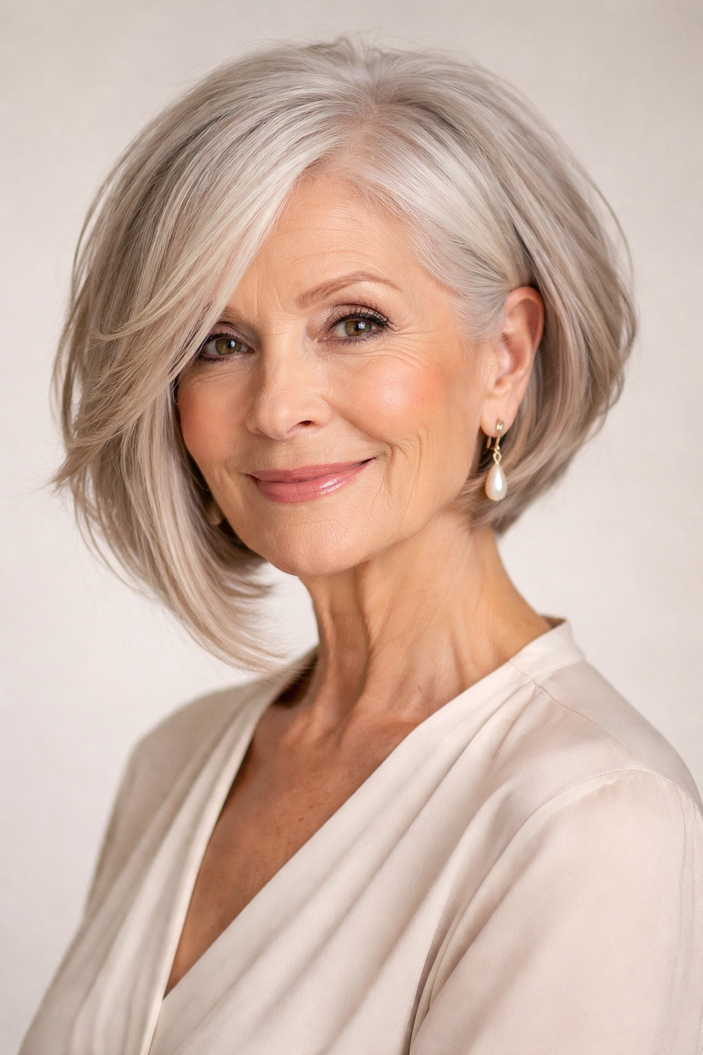 Three-quarter view of an asymmetrical bob with uneven lengths on a mature woman