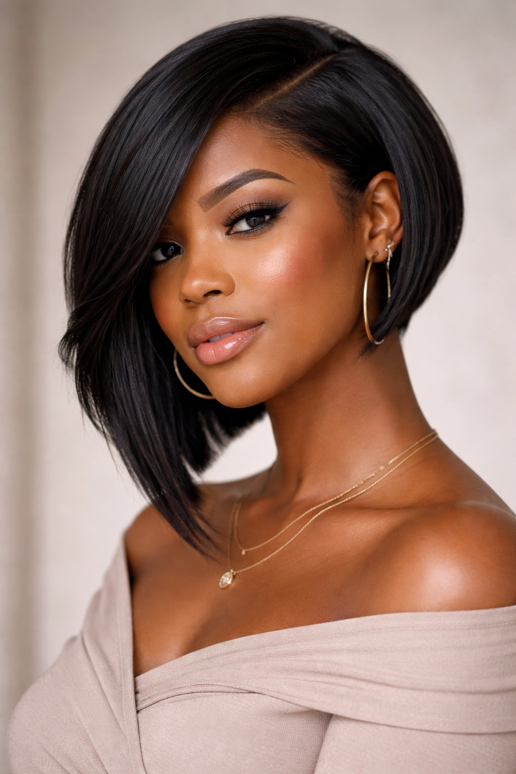Three-quarter view of a woman with an asymmetrical bob