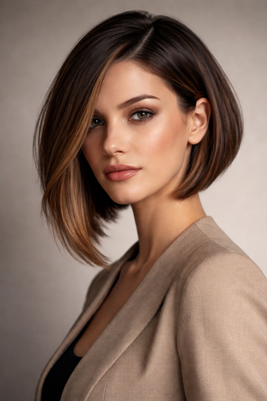 Portrait of a person with an asymmetrical bob, shorter and longer sides