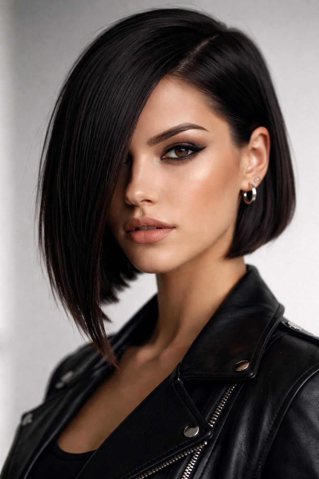 10 Funky Short Haircuts For Women Who Love Edge 4 Portrait of a model wearing an asymmetrical sharp bob with a pronounced uneven line.