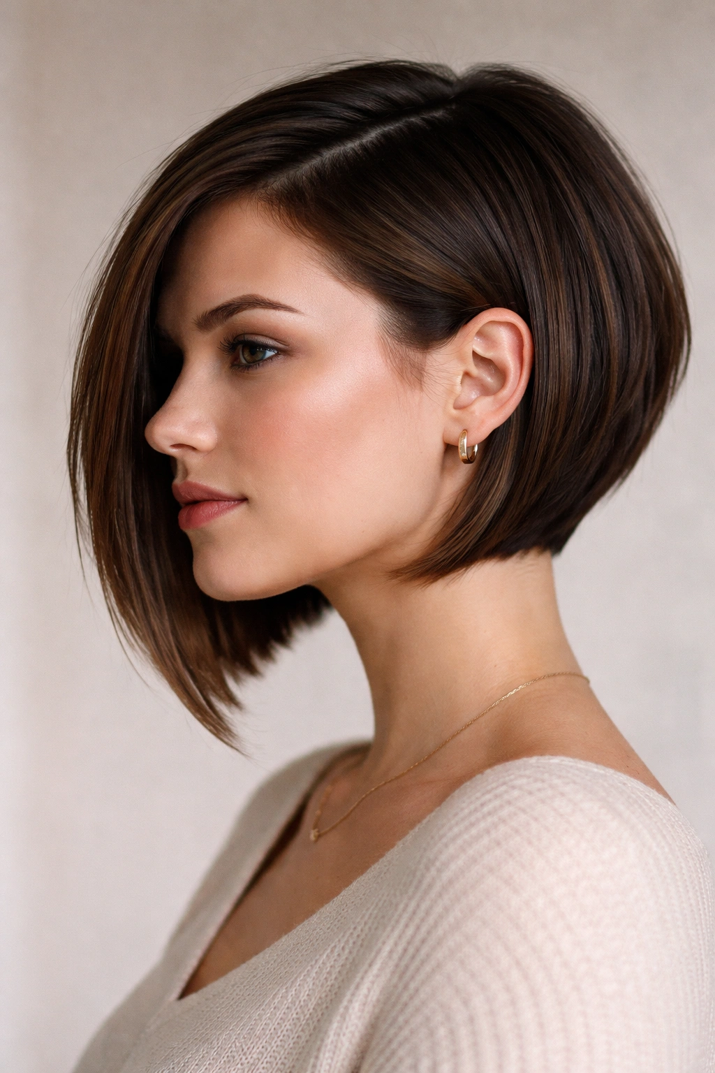12 Hairstyles Perfectly Suited To A Round Face 11 Profile view of a person with an asymmetrical bob featuring a longer and a shorter side