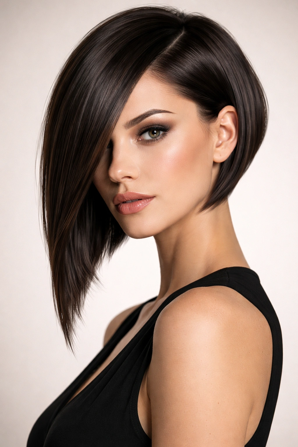 Asymmetrical angled bob hairstyle on a model, sharp edge and one-sided length