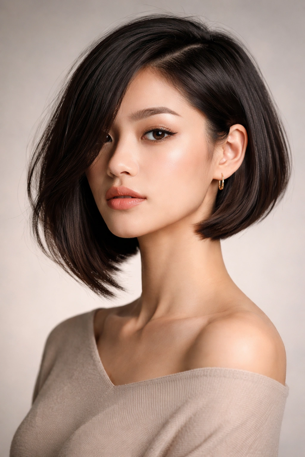 Model with an asymmetrical bob showing longer and shorter sides.