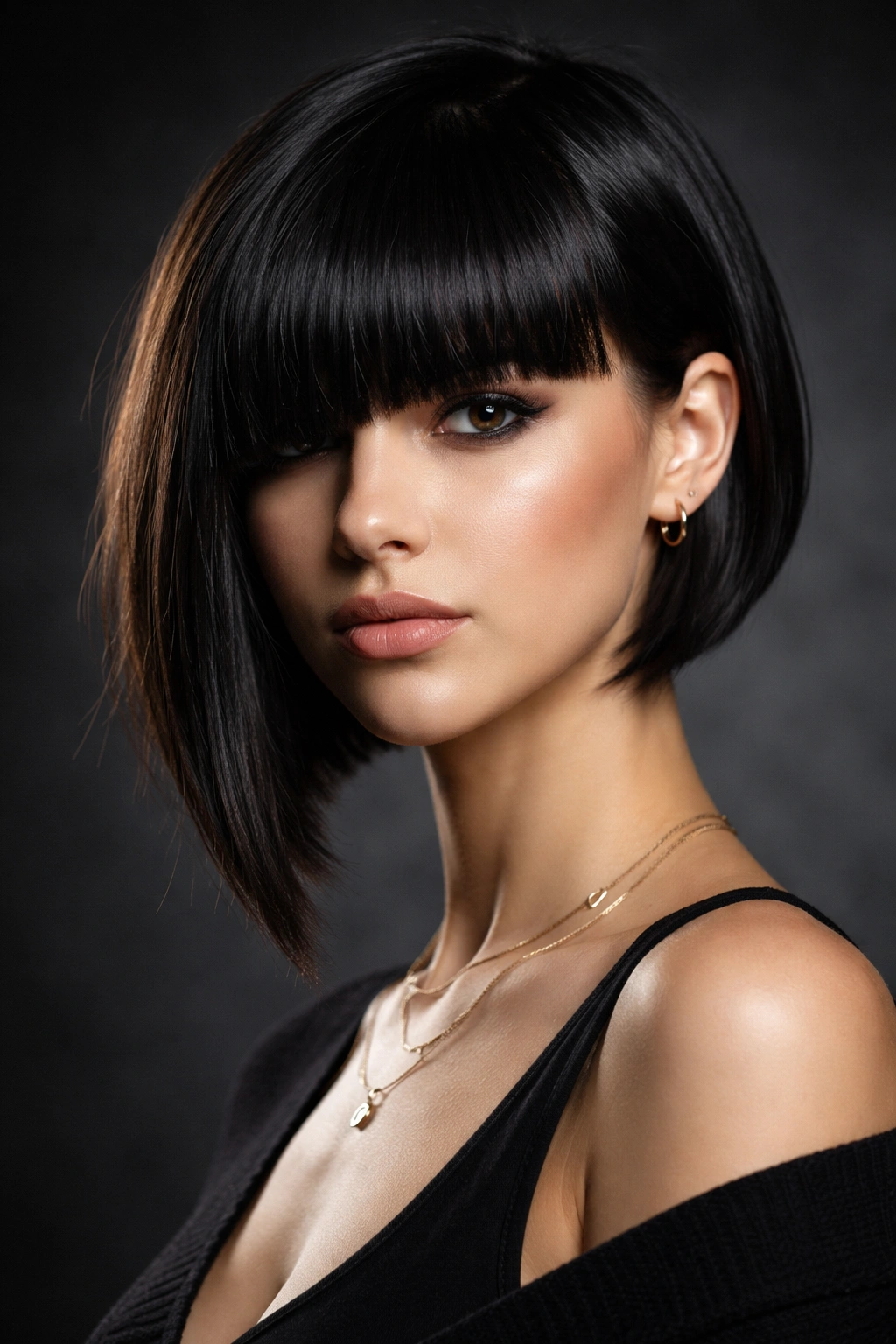 15 Medium Short Haircuts With Bangs That Flatter 8 Portrait of an asymmetric bob with bold blunt bangs highlighting dramatic silhouette.