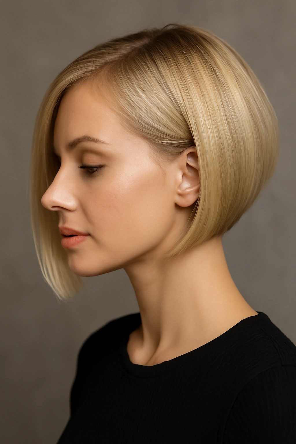 10 Short Straight Blonde Haircuts That Look Amazing 3 Portrait of a blonde sleek asymmetrical bob with uneven lengths