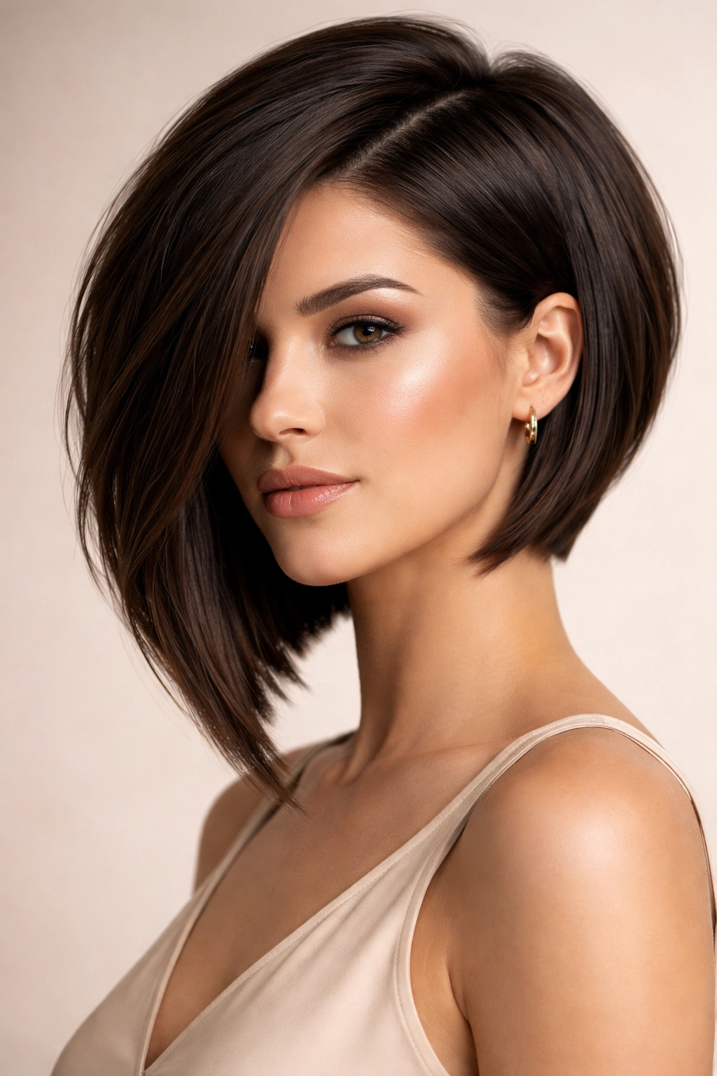 Three-quarter view of The Asymmetrical Bob with longer and shorter sides