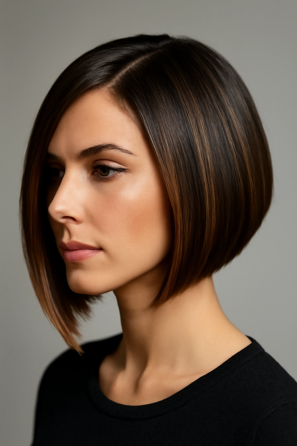 15 Short Haircuts That Look Stunning With Caramel Highlights 14 Sleek asymmetrical bob with caramel accents along the longer side and around the face.
