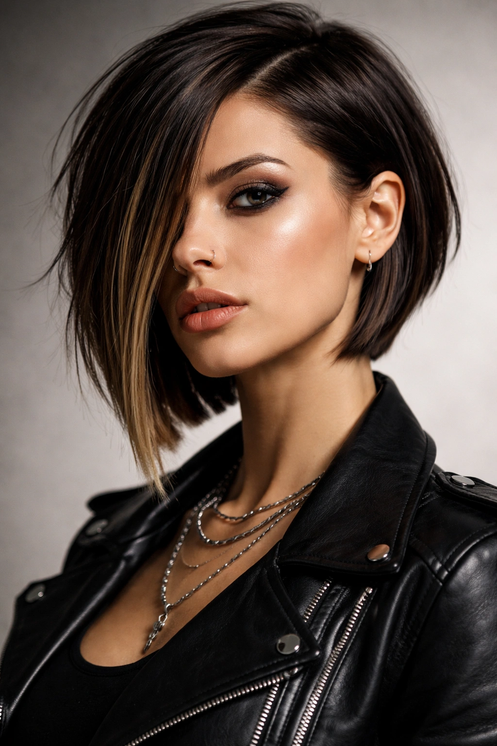 Portrait of The Asymmetrical Bob with one side noticeably shorter.