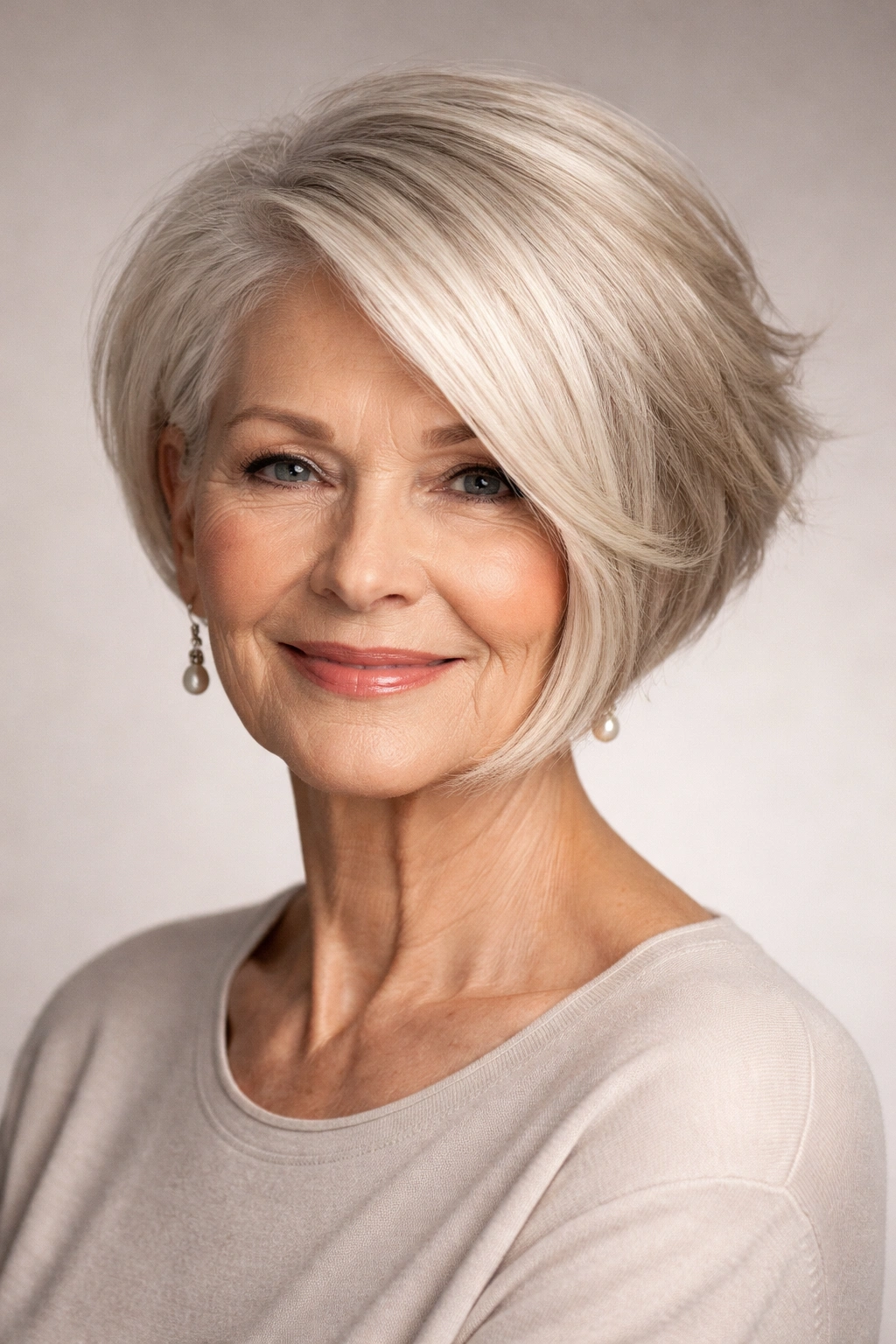Older woman wearing an asymmetrical bob with longer front and shorter back