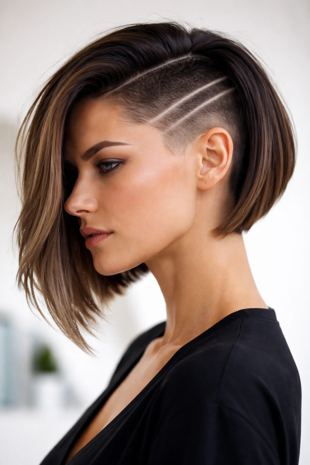 Asymmetrical bob with a sharp geometric shaved line
