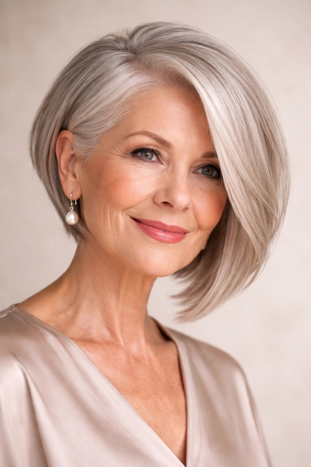 Mature woman wearing an asymmetrical bob showing varied lengths on each side