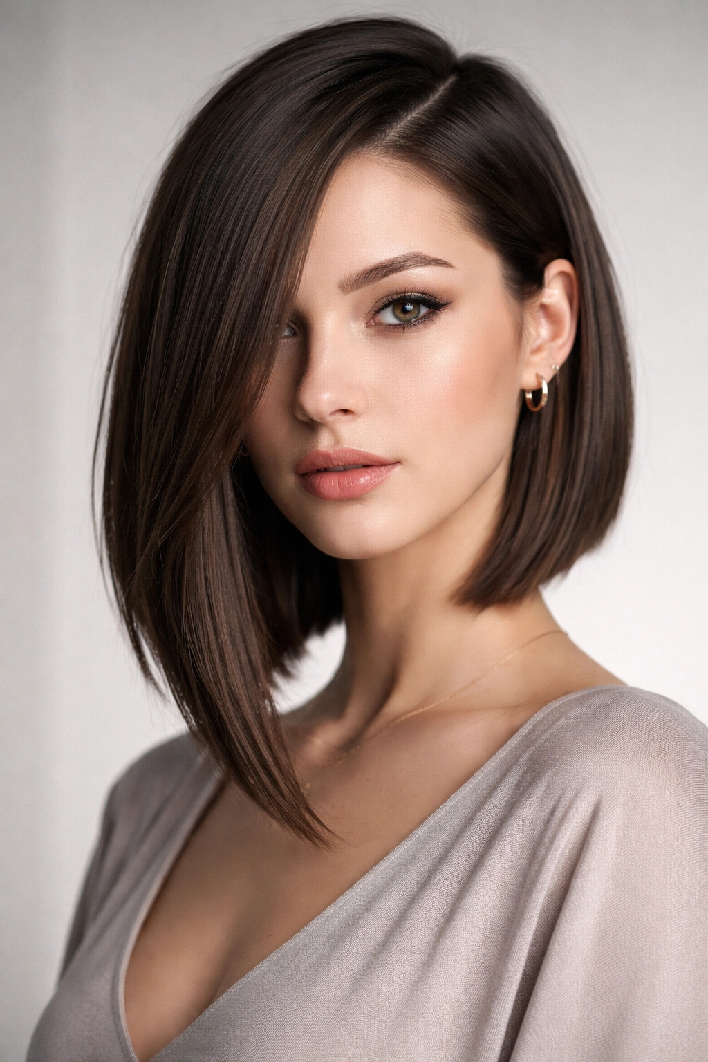 Straight-haired model with an asymmetrical bob longer on one side