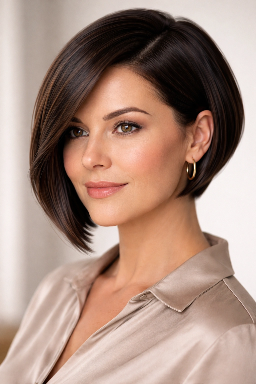 18 Short Hairstyles For Round Faces Over 40 4 Round-faced woman wearing a sleek asymmetrical bob with longer and shorter sides