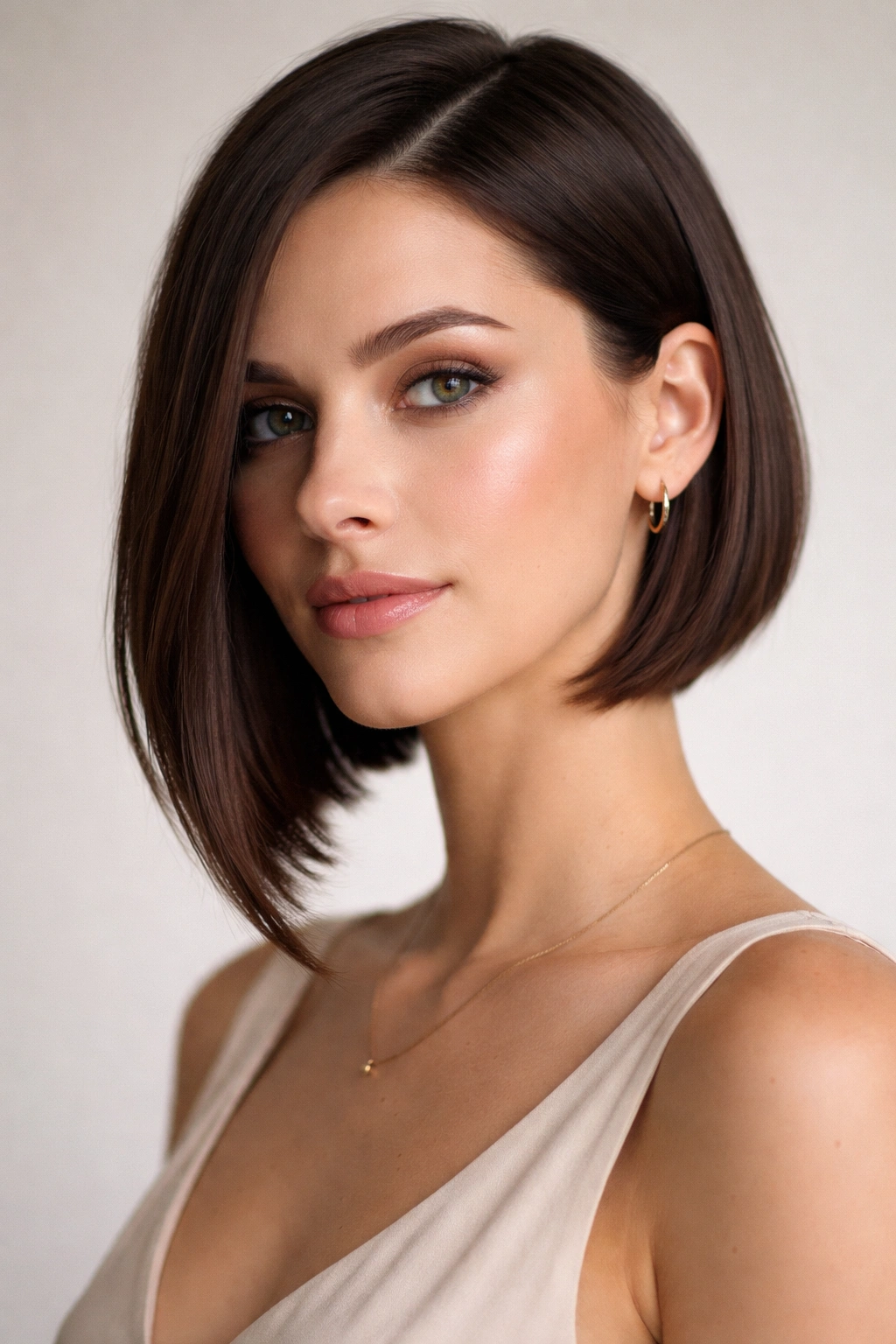 15 Hairstyles That Beautifully Flatter Long Faces 13 Close-up of an asymmetrical bob with a longer chin-length side and shorter ear-length side