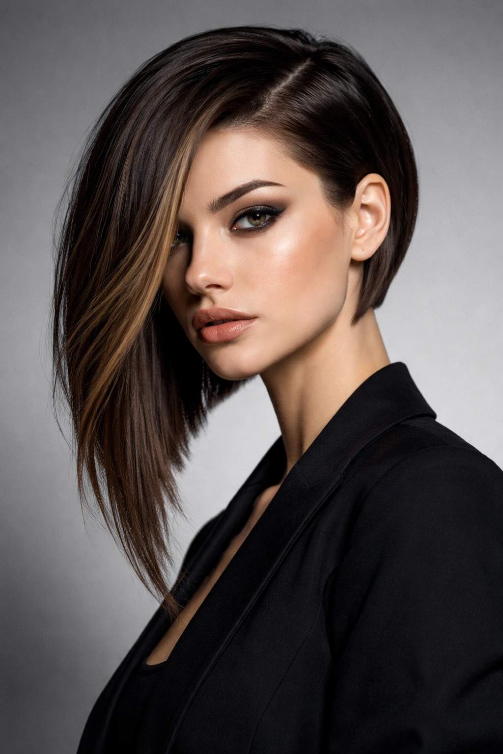 Close-up portrait of dramatic one-side-longer bob with extreme length difference and bold geometry