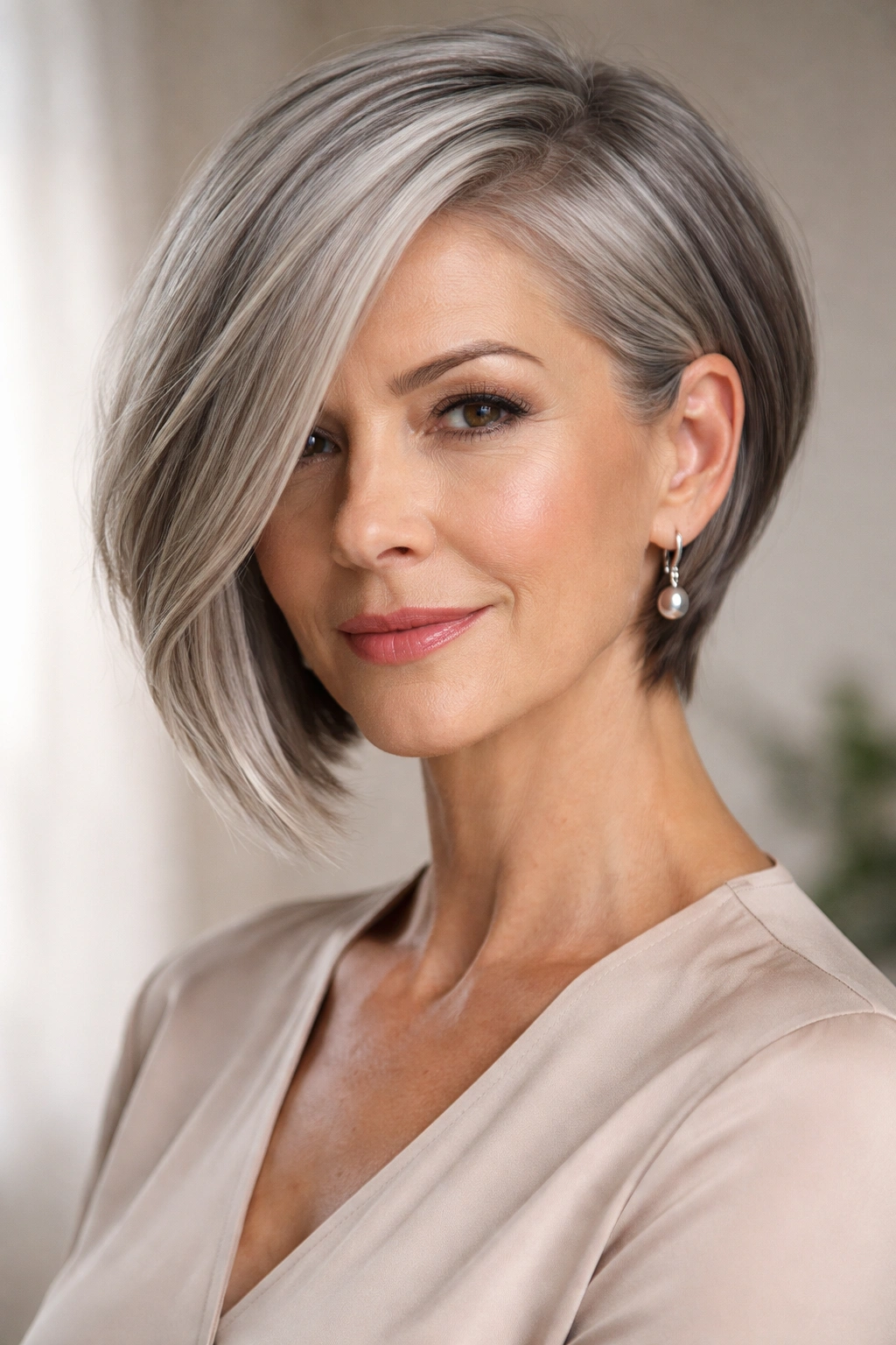 Mature woman with asymmetrical bob showing longer and shorter sides.