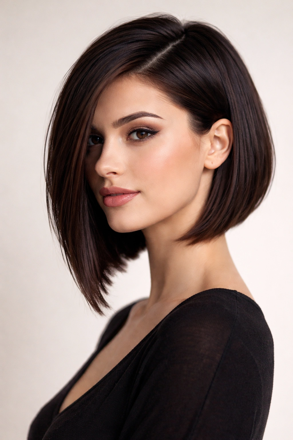 15 Short Haircuts That Look Great On An Oval Face 13 Close-up of a model with an asymmetrical bob hairstyle showing one longer side on an oval face.