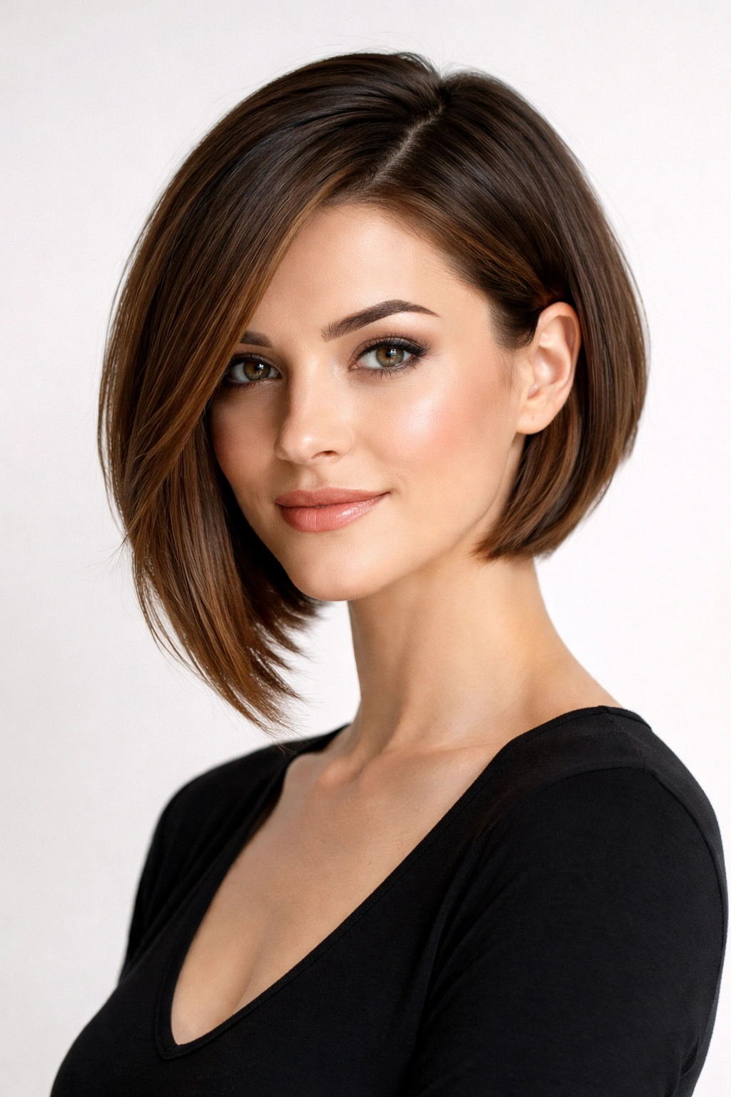 Asymmetrical bob with longer side and sleek finish