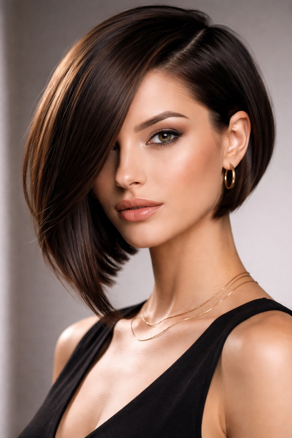 Asymmetrical bob with dramatic shorter side and longer opposite side.