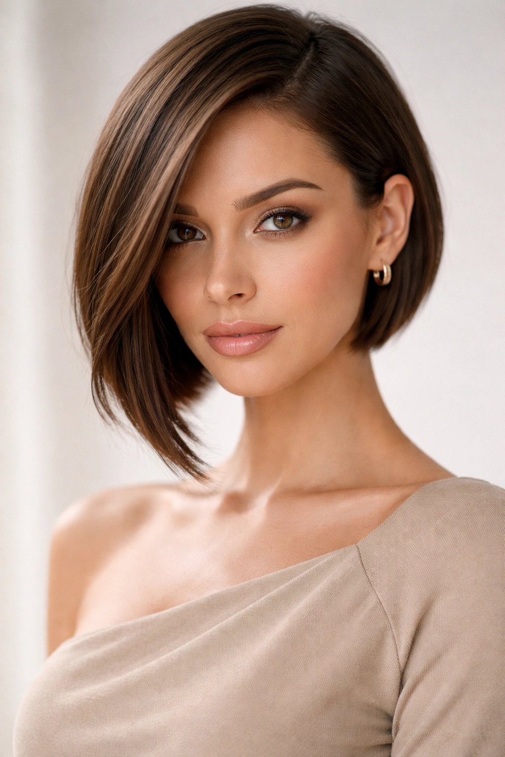 30 Short Haircuts That Flatter Almost Every Woman 4 Portrait of an asymmetrical bob with differing side lengths.