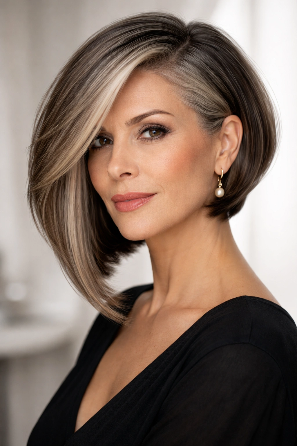 Portrait of a woman with an asymmetrical bob showing dramatic contrast between sides