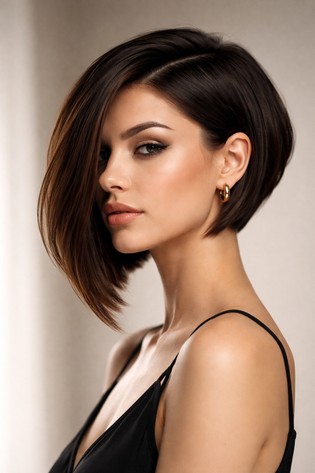 Portrait of an asymmetrical bob showing longer and shorter sides with a strong line.