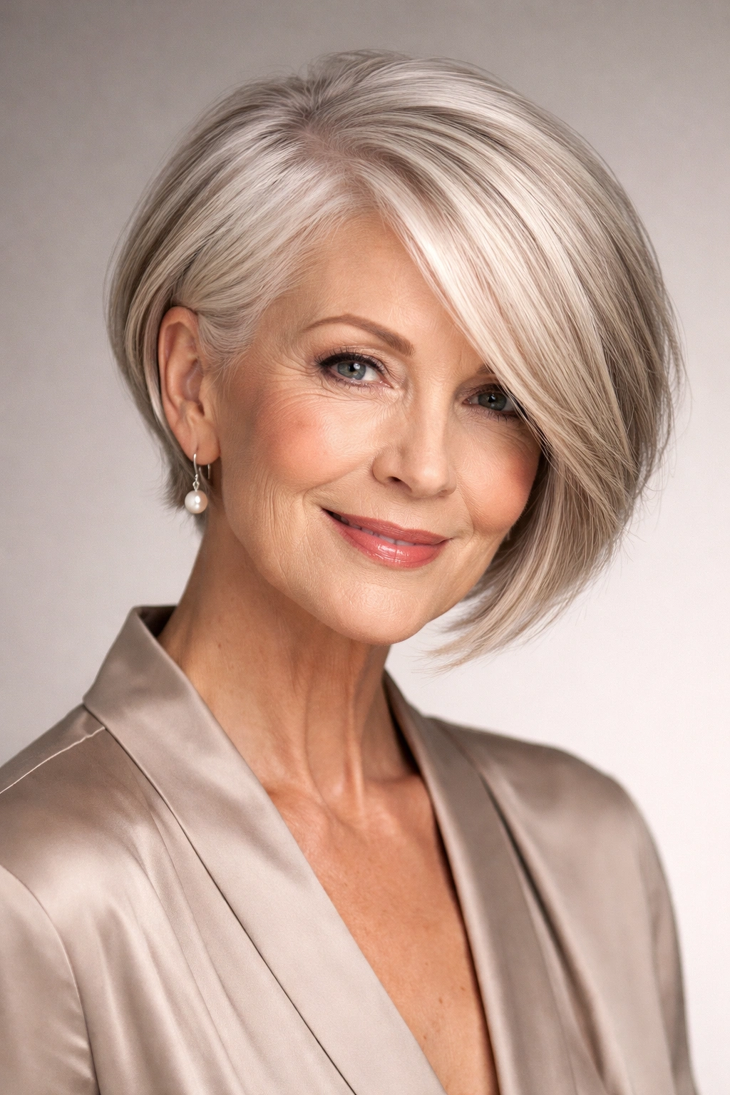 Close-up of asymmetrical bob hairstyle highlighting cheekbones with one side longer