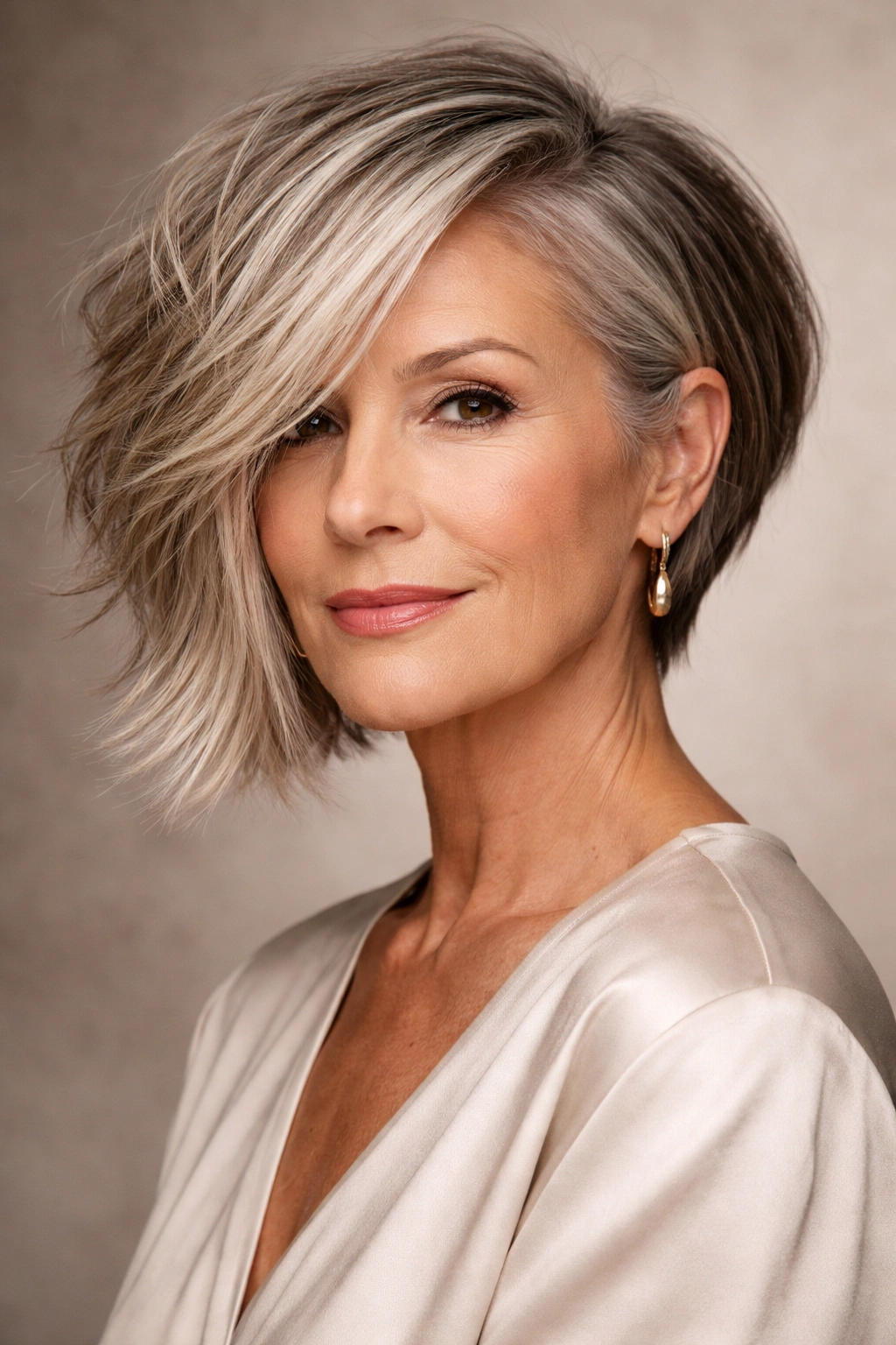 Close-up of a mature woman with an asymmetrical bob hairstyle with textured and sleek sides in a studio