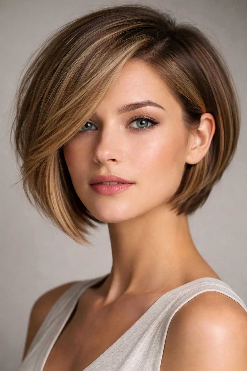Asymmetrical bob with jaw-volume; short jaw-side, longer side framing face, studio lighting