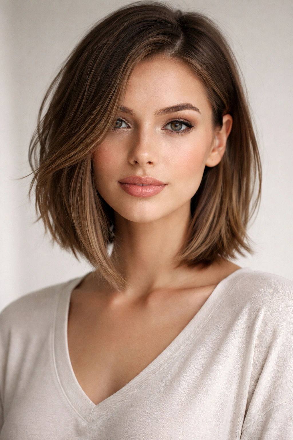 Close-up of an asymmetrical bob with longer front pieces on one side and a shorter side.