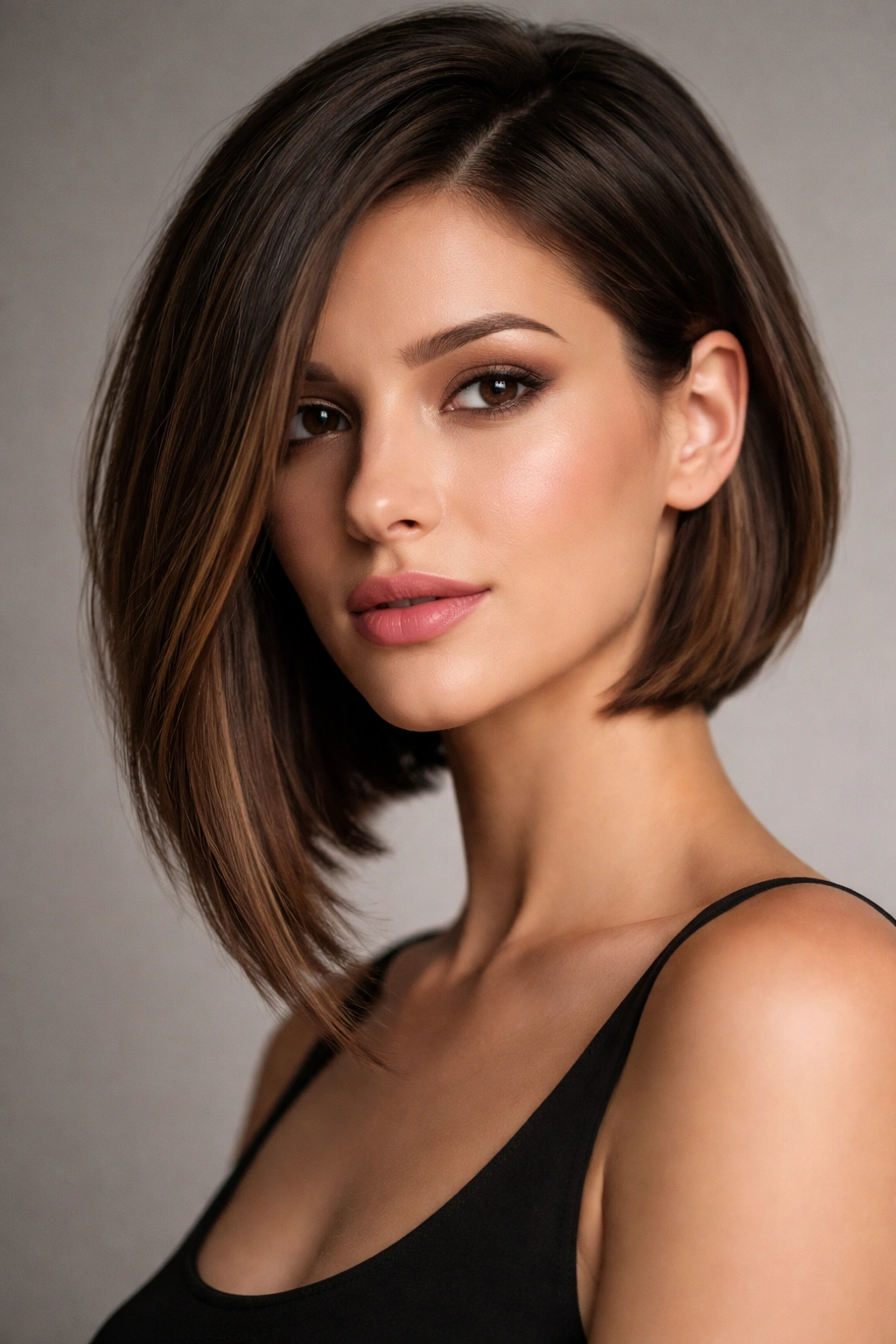 Close-up of a model with an asymmetrical bob and a longer side framing cheekbones