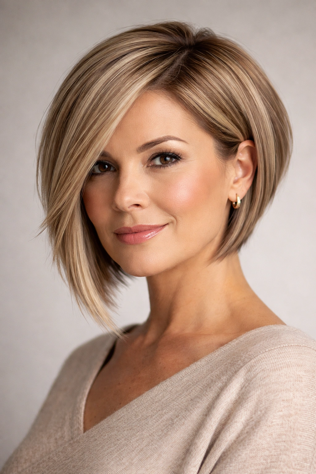 Asymmetrical bob with longer front pieces, diagonal line framing the face.