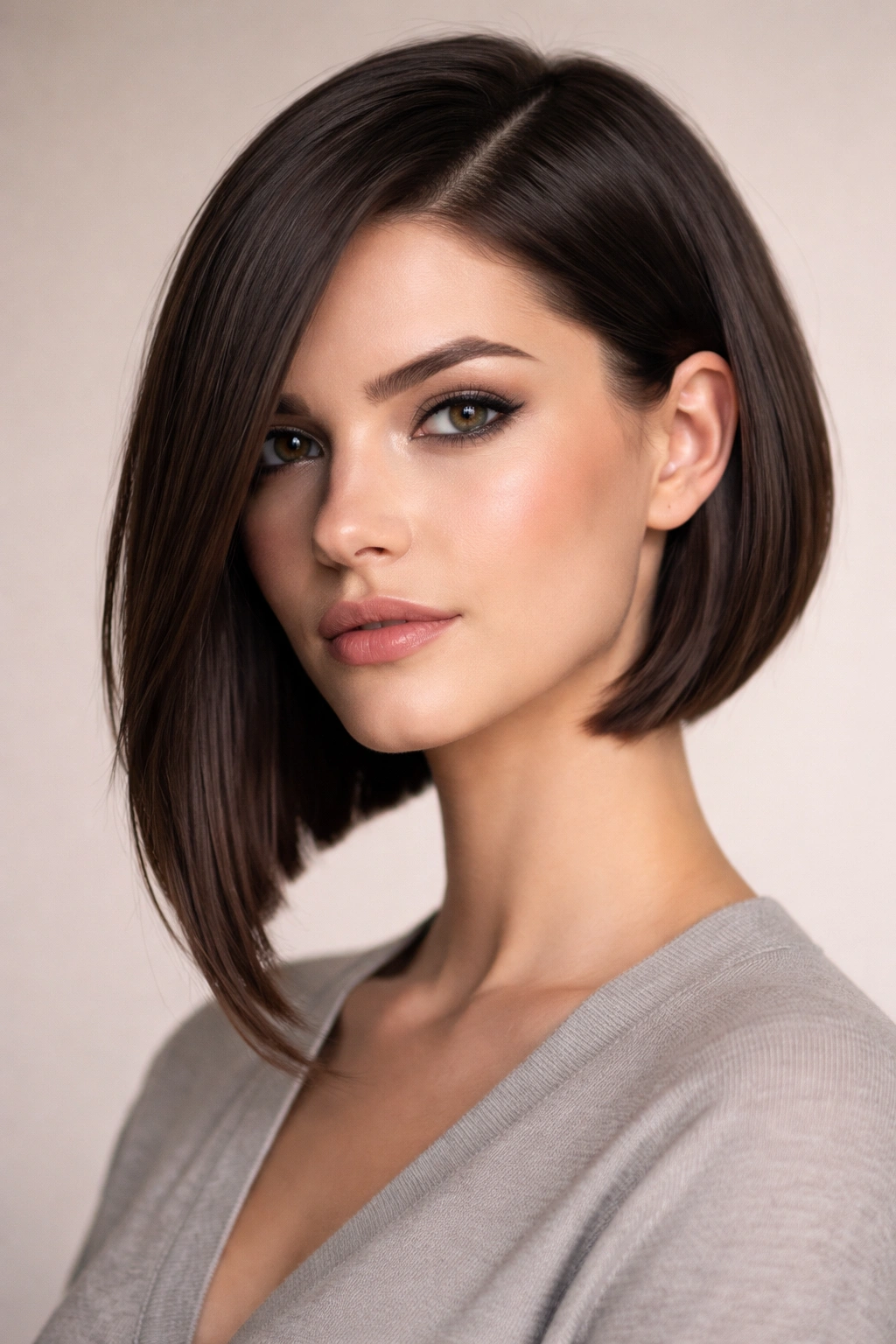 Asymmetrical bob with longer side framing the jaw in a head-and-shoulders portrait