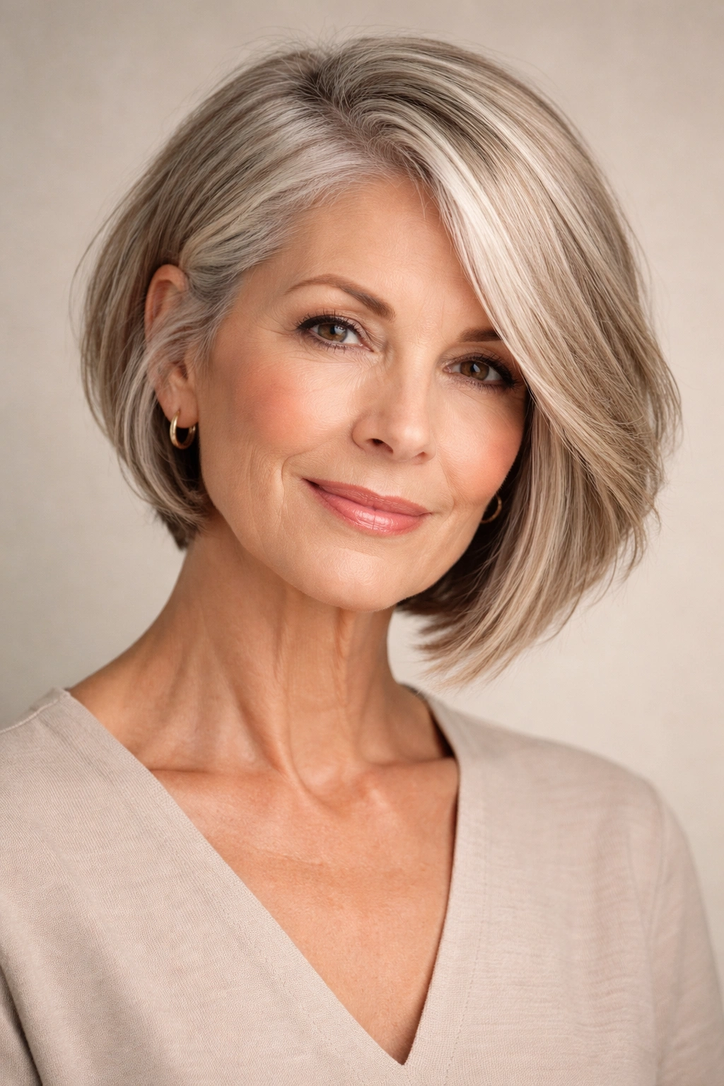 Older woman with asymmetrical bob showing dimension and movement