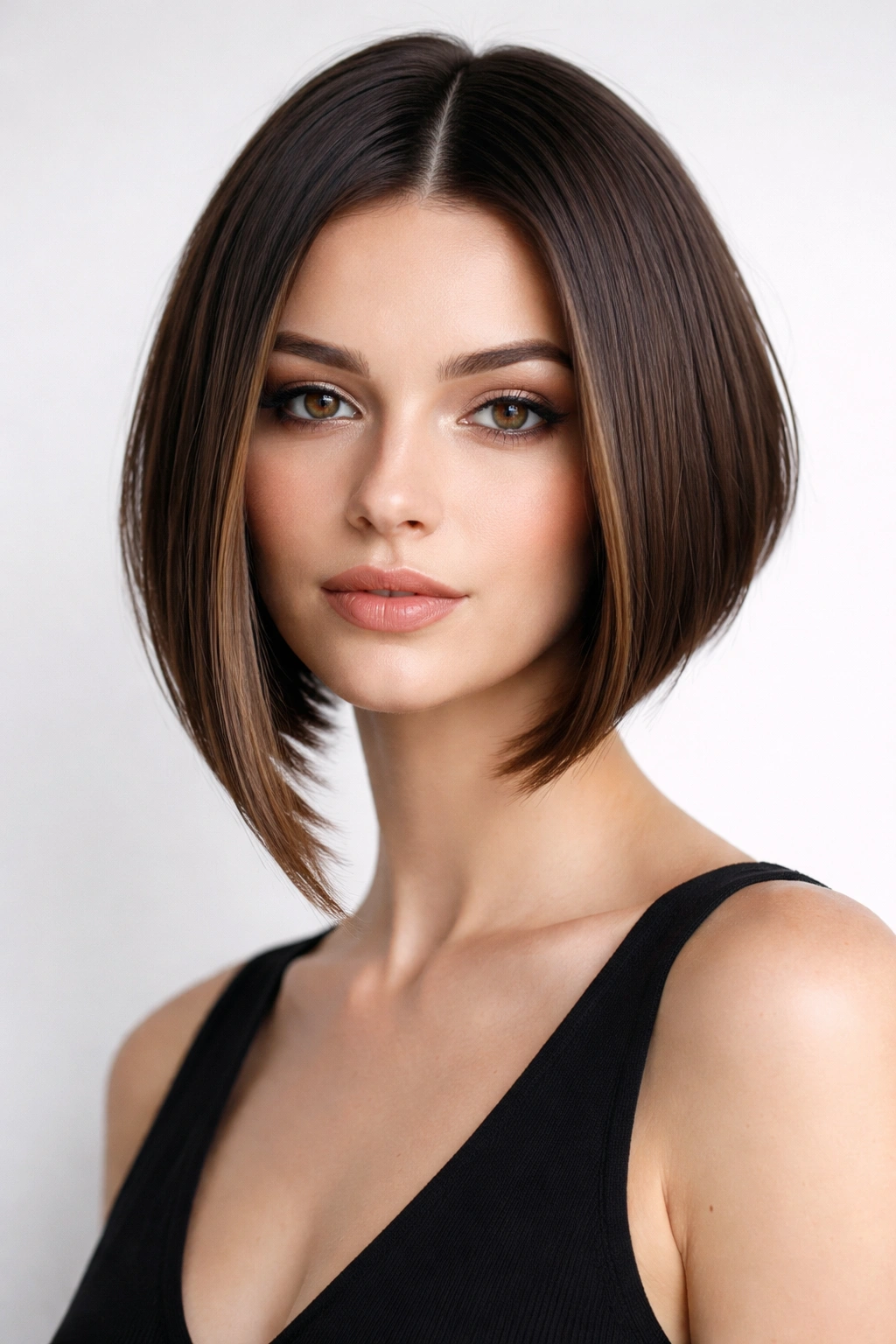 Asymmetrical bob with middle part and uneven lengths in studio portrait