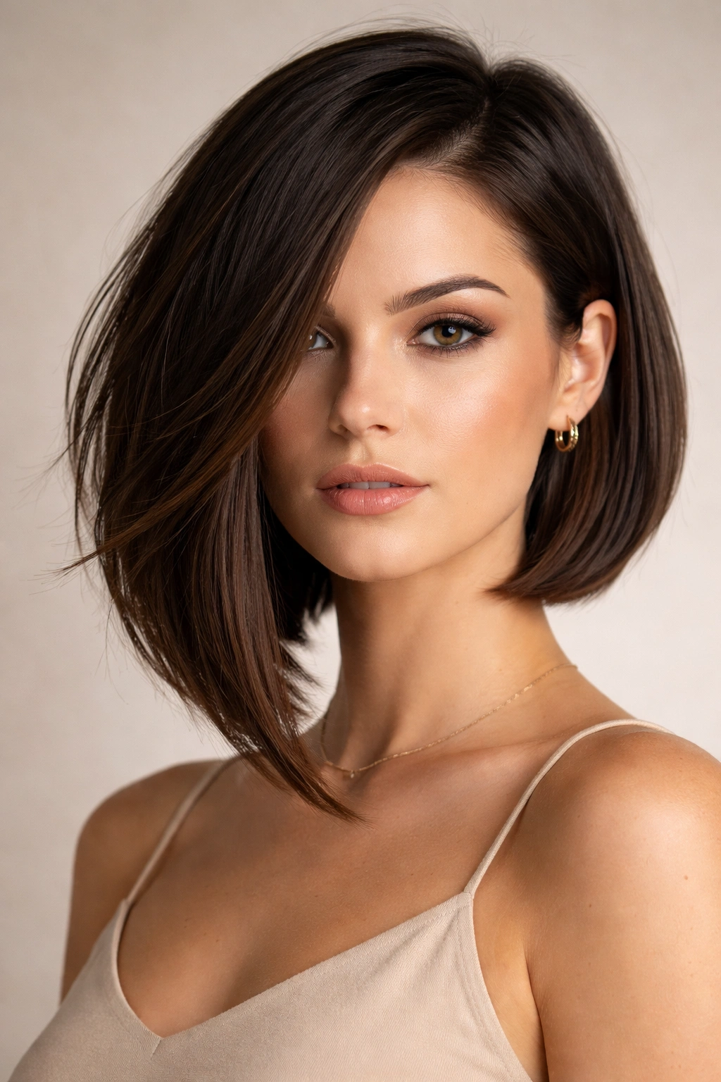 Close-up of asymmetrical bob with longer and shorter sides highlighted by studio lighting