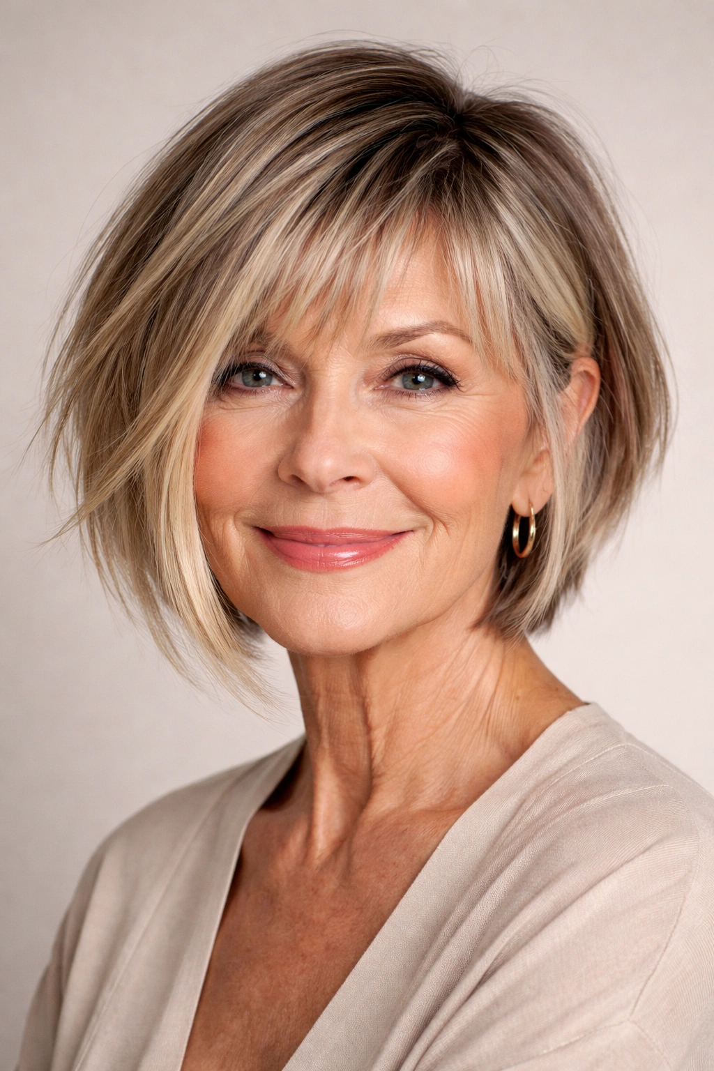 Asymmetrical bob with piece-y bangs and shadow-rooted color on a neutral backdrop