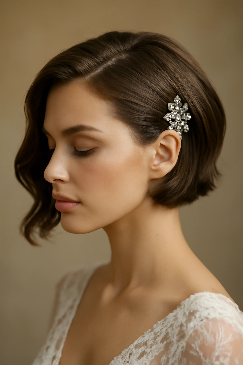 10 Simple Wedding Hairstyles for Short Hair Brides 5 Asymmetrical bob with precision styling and pin