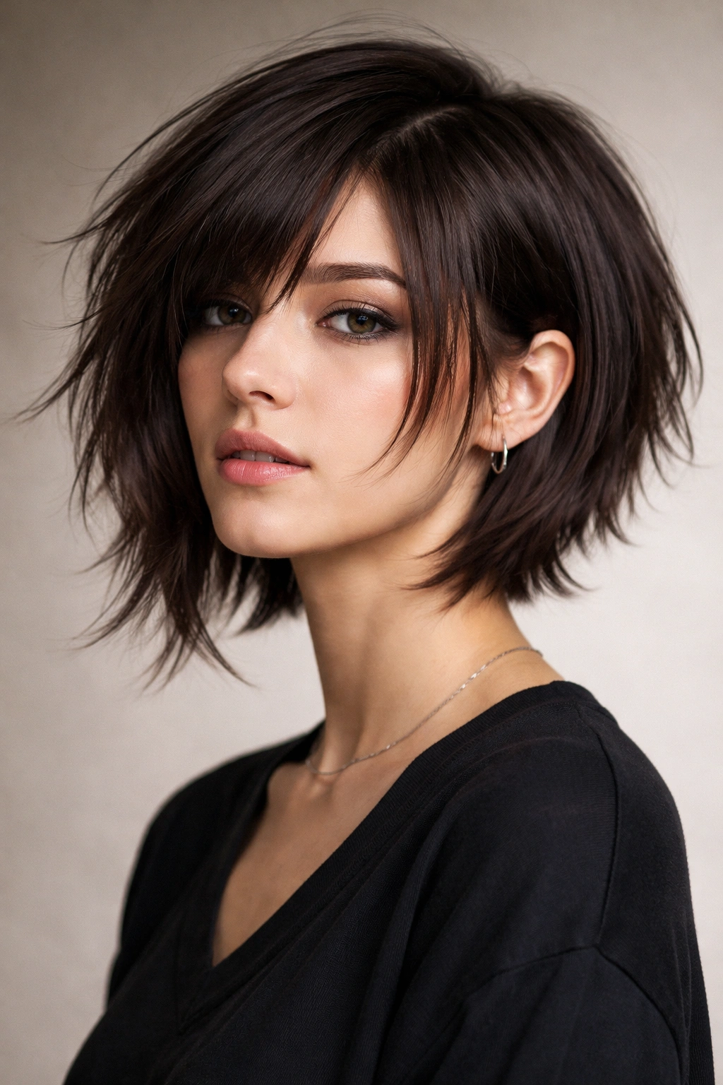 Woman with asymmetrical bob featuring longer side and shaggy layers