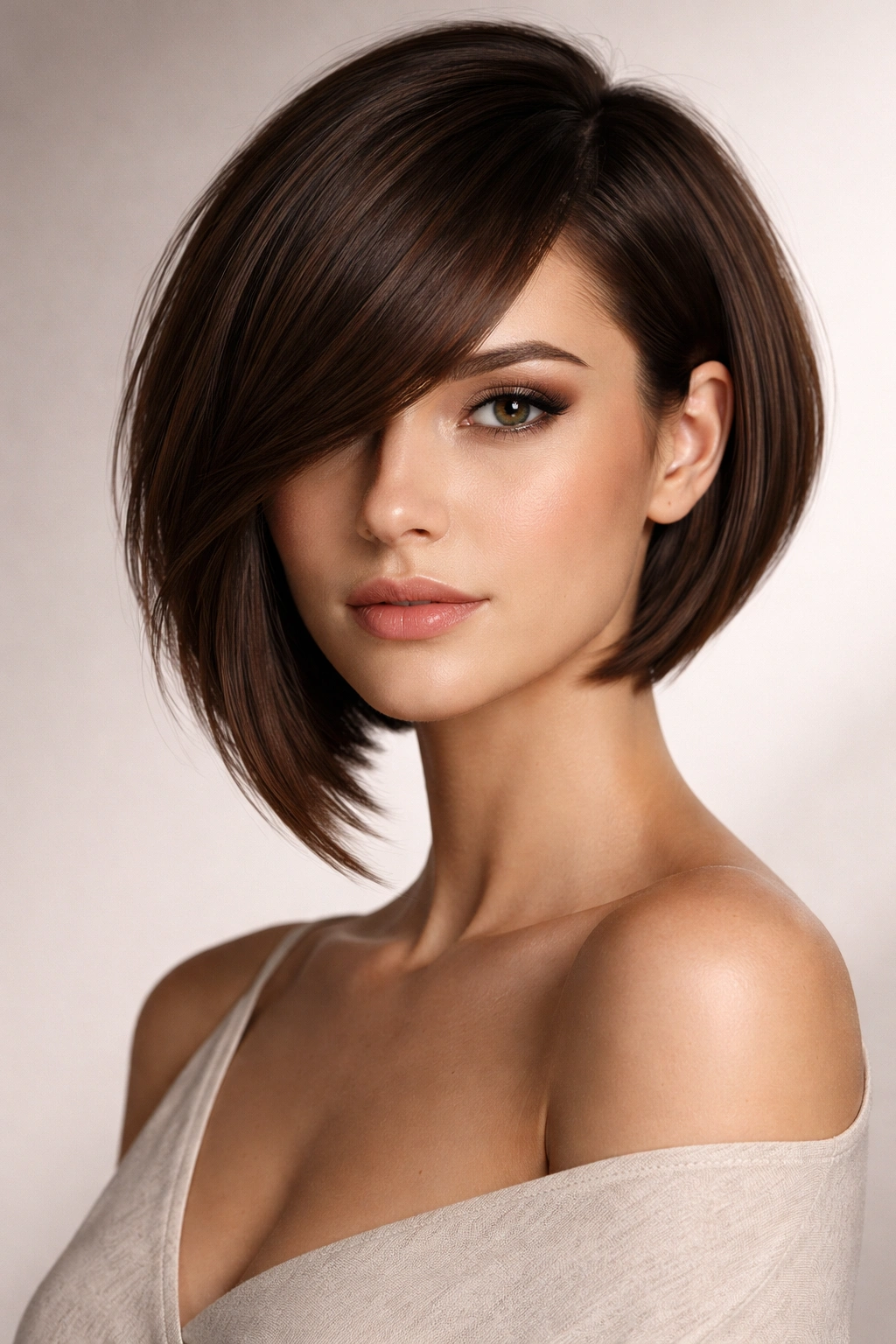 Asymmetrical bob with side bangs on oval face