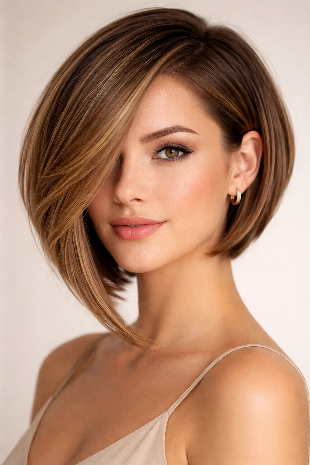 Close-up of an asymmetrical bob with longer side sweeping across the face