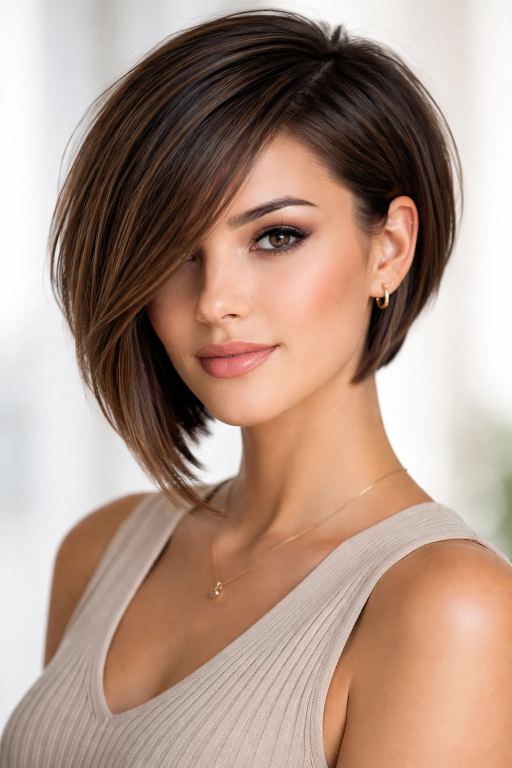 Portrait of asymmetrical bob with long sideswept bangs