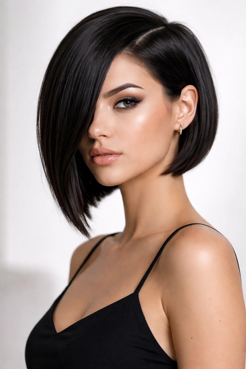 Woman with a sleek asymmetrical bob showing a dramatic shorter side and longer opposite side.