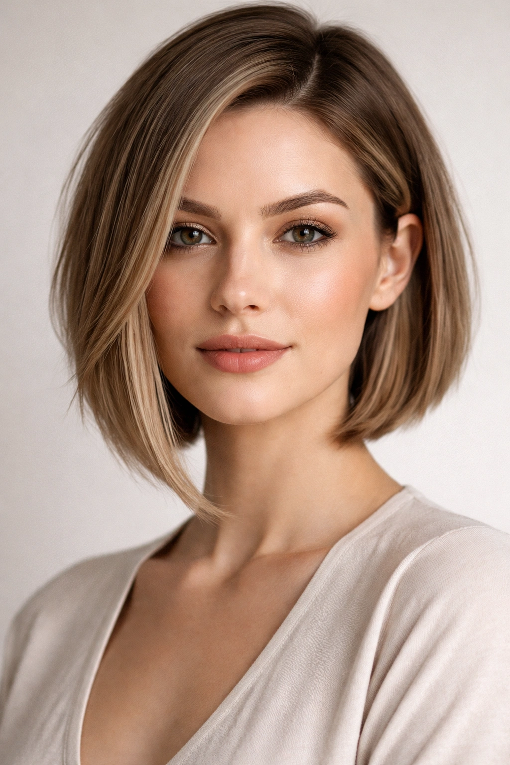 Asymmetrical bob with subtle one-sided length difference